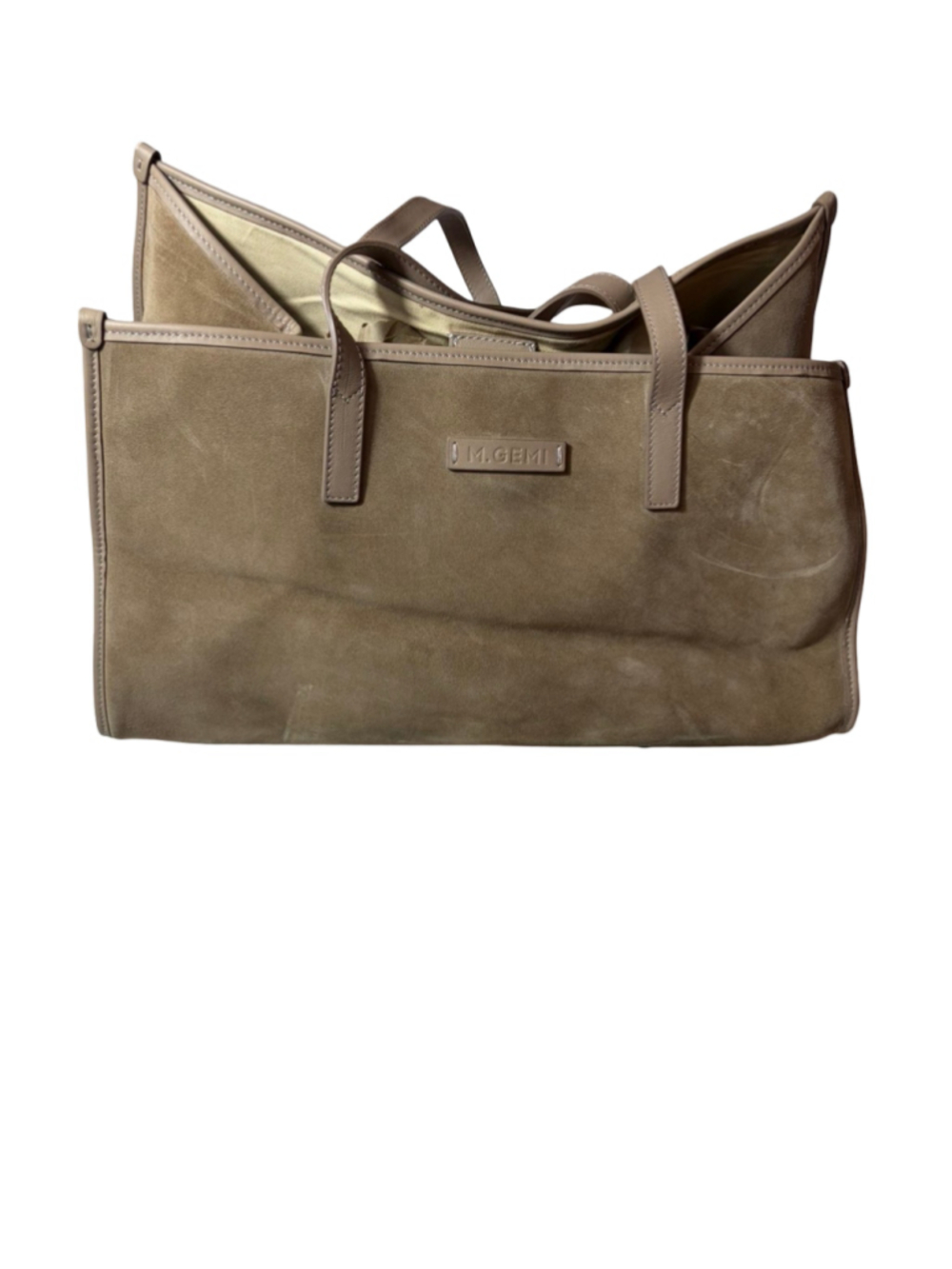 M Gemi Taupe Suede Leather Large Tote Shoulder Bag Made in Italy Minimalist